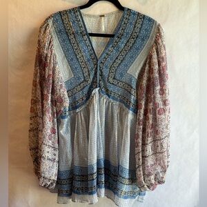 Free People Light Blue Gold Pink Chiffon Floral Festival Tunic Top Large